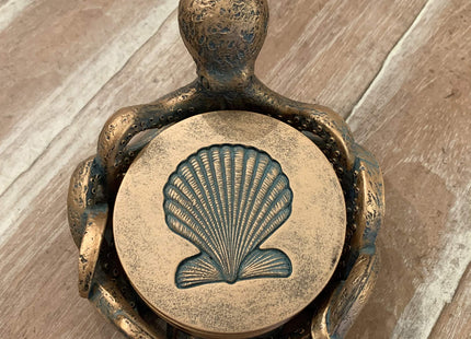 Octopus Coaster Set - Nautical Ocean Beach Sea Shell Coastal Decor - Bronze/Verdigris Finish
