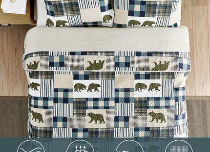 UMCHORD Queen Quilt Bedding Set, Cabin Bear Quilt, Queen Size, Green