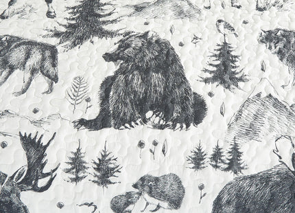 Chezmoi Collection Denver 3-Piece Southwestern Lodge Quilt Set King - White Black Gray Grizzly Bear Wolves Moose Pine Tree Mountain Printed Microfiber Lightweight Bedspread Set for All Season