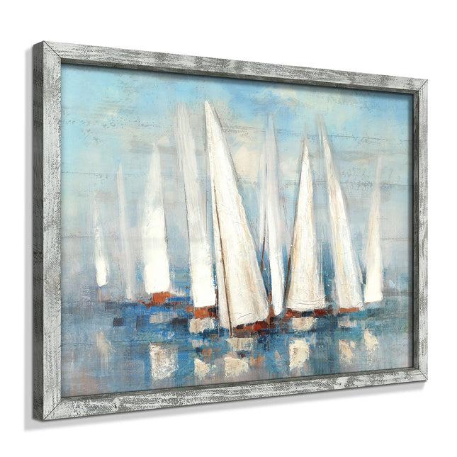 Seascape Framed Painting Wall Art: Abstract Ocean Artwork Coastal Picture Sailboat Prints on Wood in Modern Style for Home Decor 16"x12"