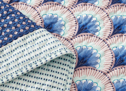 DaDa Bedding Mediterranean Minty Blue Cotton Patchwork Bedspread Set - Mid Century Nautical Breezy Ocean Waves Sea Shell - Navy Lavender Bright Colorful Coverlet Bedding - Queen - 3-Pieces