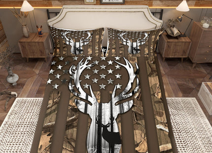 Rustic Wild Deer Fitted Sheet,Deer Antlers Animal Hunting Cabin Decor Bedding Set for Teens Men,Brown Camo Stripes Stars American Flag All-Round Deep Pocket Bed Sheet, Full Size (No Top Sheet)
