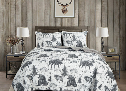 Chezmoi Collection Denver 3-Piece Southwestern Lodge Quilt Set King - White Black Gray Grizzly Bear Wolves Moose Pine Tree Mountain Printed Microfiber Lightweight Bedspread Set for All Season