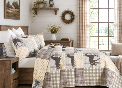 100% Cotton Rustic Lodge Cabin Horse Quilt Set, Beige Brown, Queen 90"x98"