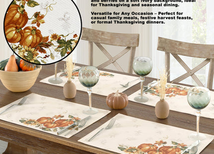 Lintex Stockbridge Pumpkin Harvest Bordered Thanksgiving Tablecloth, Autumn Fall Leaf, Sunflower and Acorn Border Print Easy Care Fabric Tablecloths and Napkins