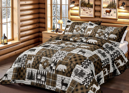 3 Piece Cabin King Size Quilt Sets Farmhouse Rustic Reversible Microfiber Soft Lightweight Bedspread Comforter with 2 Shams Patchwork Country Lodge Bedding Quilts Set for All Season, 106''x96'', Brown