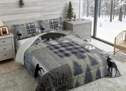 Hunting Deer Bear Comforter Sets Queen Size,Rustic Farmhouse Bedding 3pcs Kids Teens Men Cabin Home Decor Decor,Grey Plaid Patchwork Print Quilt Set Wild Animals Plants Duvet Insert,2 Pillowcases