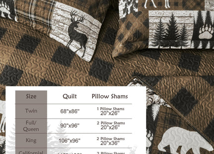 3 Piece Cabin King Size Quilt Sets Farmhouse Rustic Reversible Microfiber Soft Lightweight Bedspread Comforter with 2 Shams Patchwork Country Lodge Bedding Quilts Set for All Season, 106''x96'', Brown