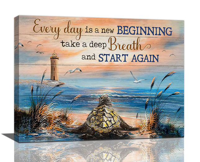 Sea Turtle Bathroom Decor Wall Art Beach Blue Ocean Lighthouse Inspirational Quotes Pictures Wall Decor Canvas Painting Prints Artwork Home Decorations Framed for Bedroom Office Kitchen 16"x12"