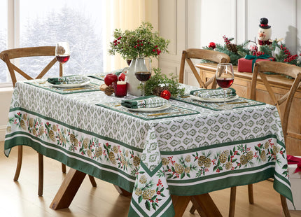 Newbridge Christmas Holly Pinecone Border 60 x 84 Inch Rectangle Fabric Tablecloth, Holiday Hunter Green Border on White Background Fabric Table Cover for Dinner Party and Banquet