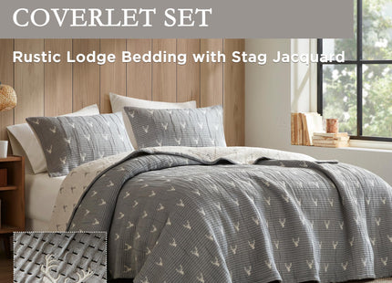 Woolrich Coverlet Set Rustic Lodge Design, 3 Piece Set All Season, Lightweight Reversible Farmhouse Bedspread Bedding, Shams, Full/Queen, Gray