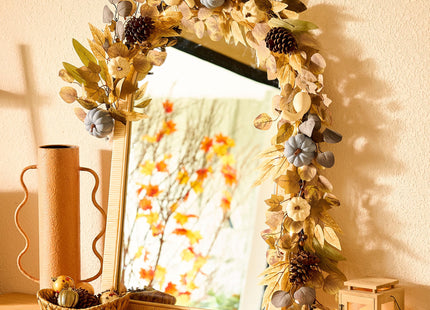 DecorbyHannah 6ft Fall Garland for Mantle with Lights, Pumpkin, Pinecone