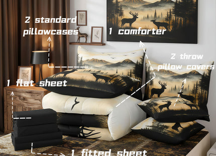 jejeloiu Western Rustic Cute Deer Cabin Comforter Set Full with Sheets for Kids Boys Girls Hunting 7 Pieces Bedding Set Country Farmhouse Bed in a Bag Foggy Mountain Room Decor
