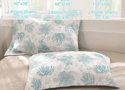 SUCSES 100% Cotton Coastal Quilts 3 Pieces Queen Lightweight Comfortable Quilt Turquoise Ocean Coral Bedspread Coverlet with 2 Shams for Beach Themed Dedroom All Season