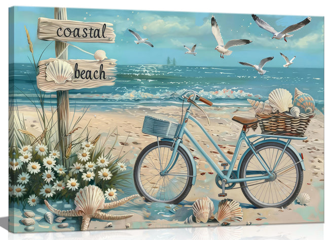 Birnsen Coastal Beach Bicycle Canvas Wall Art Seagull Seashell Daisies Picture Wall Decor for Living Room Bathroom Vintage Sandy Seascape Poster Print Artwork for Coastal Home Themed Decor