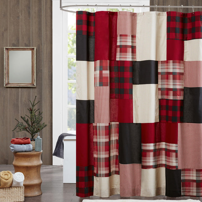 Woolrich Sunset 100% Cotton Shower Curtain, Cabin Lodge Plaid Pieced Design with Built-in Liner, Farmhouse Bathroom Decor, Machine Washable, Fabric Privacy Screen 72x72, Red