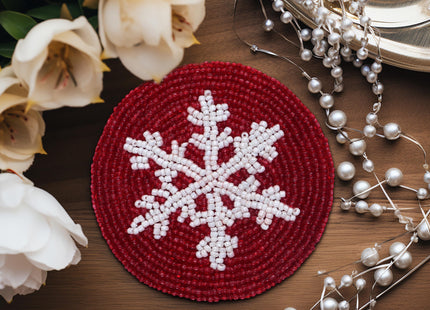 COTTON CRAFT Glitz Handmade Beaded Coaster - 4 Pack - Red White Snowflake