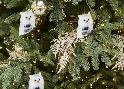 Asodomo 4Pcs Owl White Black Furry Christmas Ornament, Christmas Style Cute Owl Model Tree Decor Fluffy Baby Owl Christmas Ornament