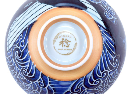 Mino Ware Japanese Rice Bowl, Rice Ramen Noodle Soup Sarada Pasta, Wave Whale Chawn, 5.7 inch 17.5oz Set of 2