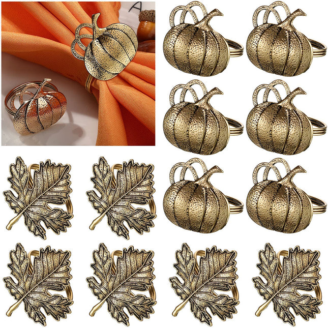 Patelai 12 Pcs Bronze Fall Napkin Ring Set Maple Leaf Pumpkin Napkin Holder