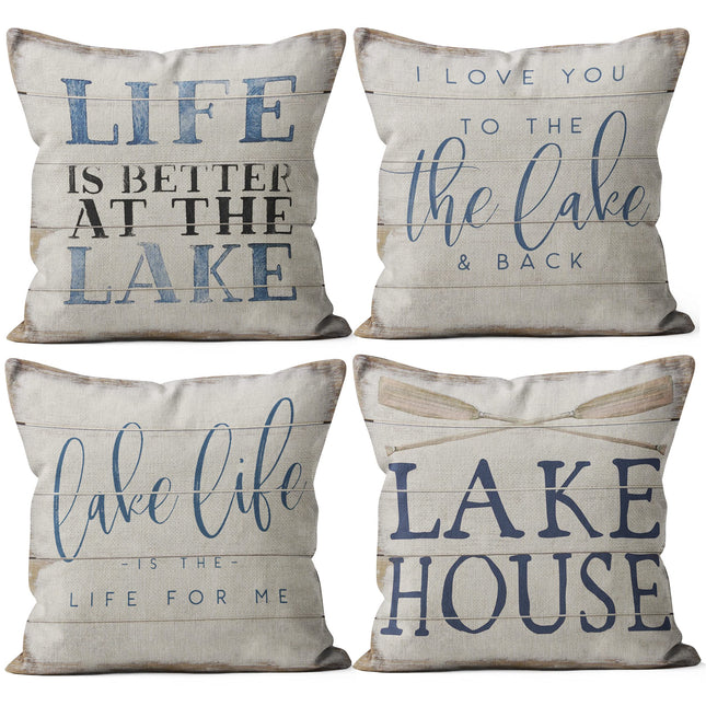 M-Qizi Lake House Decor Pillow Covers, Lake House Gifts, 18x18 Pillow Cover Set of 4, Lake Decor Lake Pillows Lake Themed Decor Lake Life Decor(Blue)