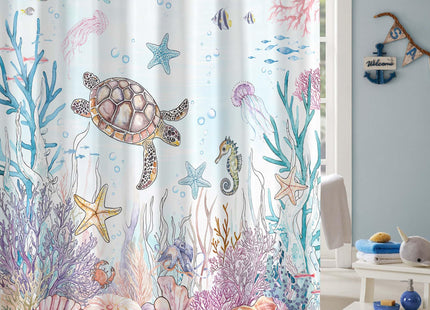 Lifeella Nautical Coastal Turtle Shower Curtain, Teal Starfish Seahorse Funny Ocean Themed Bathroom Decor, 72x72 inch