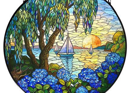 LIANGEAGOM Rustic Beach Sunset Stained Glass Window Hanging, Window Hanging Decor, Sailboat Hydrangea Sailboat Stained Glass Suncatcher Decor Birthday for Mom Men Woman Friend, 7.9x7.9inch