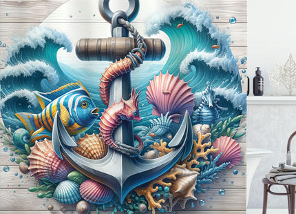 Ambesonne Nautical Shower Curtain, Waves Underwater Scene with Corals Fish and Seashells Around an Anchor, Cloth Fabric Bathroom Decor Set with Hooks, 69" W x 84" L, Teal Pink and Coconut