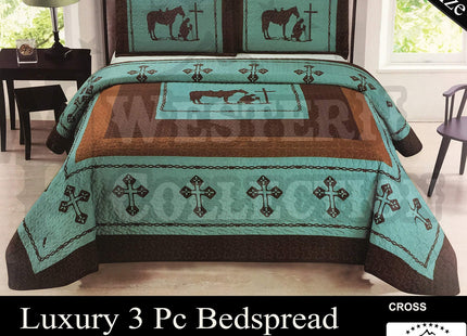Western Peak Praying Cowboy Horse Barb Wire Star Cabin Lodge Luxury Quilt Bedspread Coverlet Comforter 3 Piece Beige Brown Set (Turquoise King)