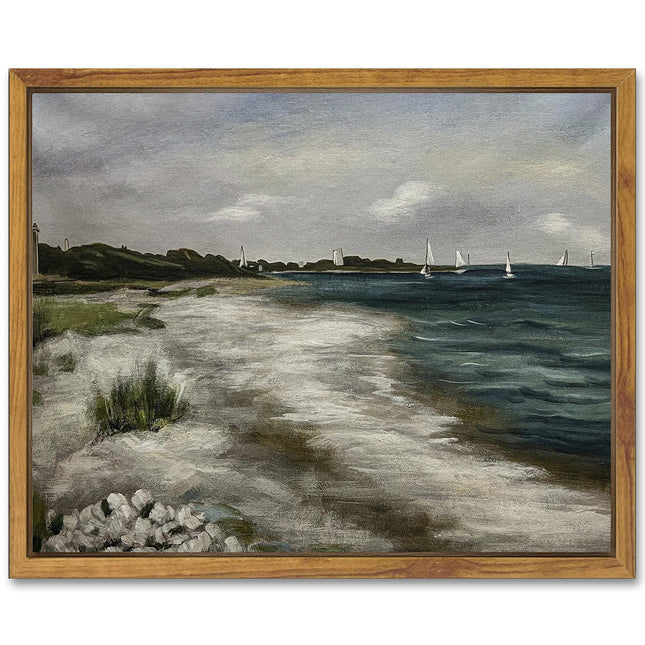 SHENIFY Vintage Landscape Seascape Framed Canvas Wall Art Seaside Coastal Scenery Classic Hallway Kitchen Office Decor - 8x10in Natural Framed