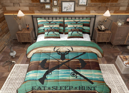 Deer Fish Animal Kids Comforter Set 7 Piece Twin Size,Wildlife Hunting Theme Lodge Decor Reversible Quilt Set,Rustic Farmhouse Wooden Board Barn Bedding Set with Comforter,Sheet,Pillowcase