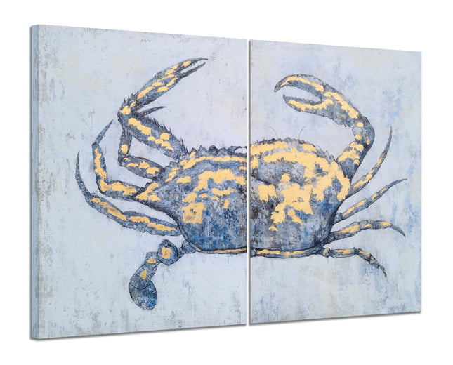 Yihui Arts Blue and Gold Foil Crab Diptych Wall Art - Nautical & Retro Art Decor for Home