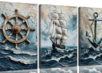 Vintage Nautical Wall Art Set of 3, Sailboat Art Prints, Framed, 16x12 in
