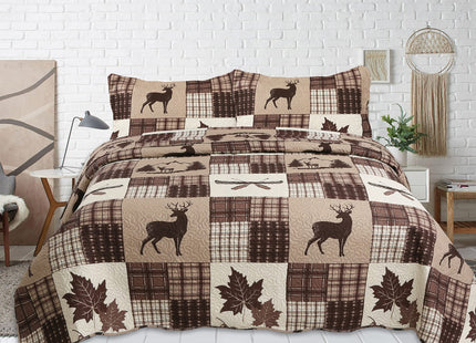 Marina Decoration Rich Printed Embossed Pinsonic Coverlet Bedspread Ultra Soft 2 Piece Summer Quilt Set with 1 Quilted Sham, Brown Cabin Maple Deer Plaid Pattern Twin/Single Size