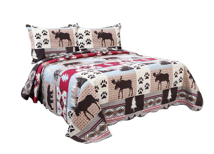 Marina Decoration Rich Printed Embossed Pinsonic Coverlet Bedspread Ultra Soft 3 Piece Summer Quilt Set with 2 Quilted Shams, Cabin Moose Bear Pattern King Size