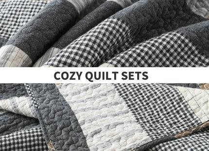 PERHOM Quilt Queen Size - 100% Cotton Farmhouse Rustic Queen Quilt Set, Cabin Bedding Set Bedspreads, Lodge Lightweight Patchwork Plaid Quilted Comforter for Queen Bed, Grey/Brown/Beige