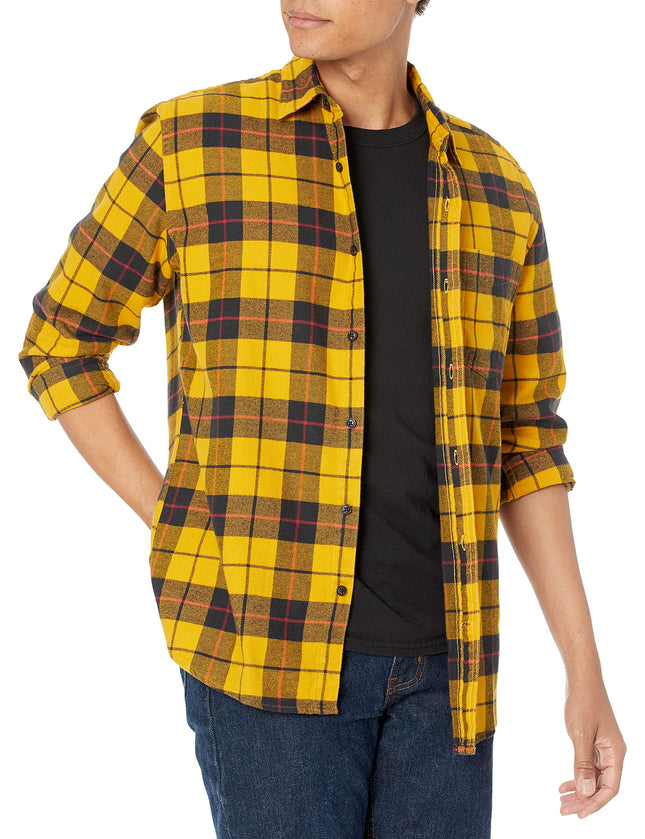Amazon Essentials Men's Regular Fit Long-Sleeve Flannel Shirt, Soft Brushed Cotton, Lightweight yet Warm, Yellow Plaid, Medium