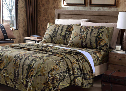 Chezmoi Collection Salem 4-Piece Cabin Lodge Forest Woods Sheet Set - Nature Camo Tree Leaves Printed Soft Microfiber Sheets - Full, Natural