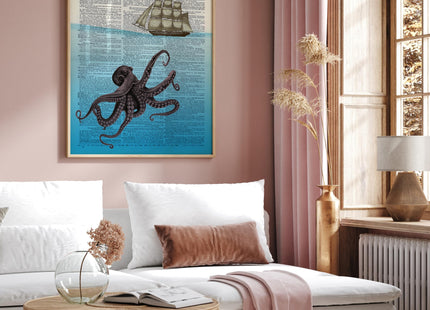 Poster Master Octopus and Ship Print - Kraken Poster - Dictionary Art - Gift for Men, Women - Deep Sea Art - Nautical Decor for Home, Ocean or Beach House - 11x14 UNFRAMED Wall Art
