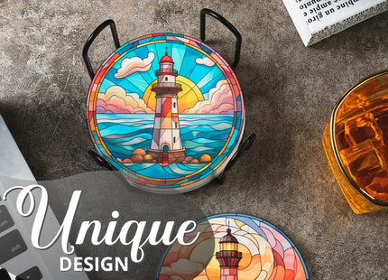 Lighthouse Gifts Coaster, Ceramic, Set of 6, with Gift Box, Absorbent with Cork Base, Home Decor for Family, Housewarming, Thanksgiving, Birthday and Christmas - Lighthouse