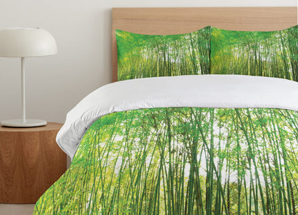 Ambesonne Woodland Duvet Cover Set, Tall Trees Forest Natural Botanical Garden Scenery Landscape Print, Decorative 3 Piece Bedding Set with 2 Pillow Shams, King Size, Yellow Olive