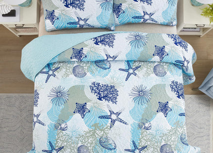 Dinjoy Nautical Ocean Quilt Set Queen Size, Blue Beach Coastal Themed Bedding Set Lighthouse Anchor Sailboat Pattern Microfiber Lightweight Summer Bedspread Coverlet Bed Set All Season