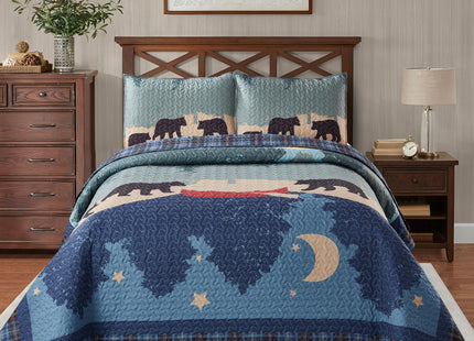Virah Bella 3-Piece King Evening Stroll Quilt Bedding Set - Rustic Black Bear Canoe Reversible Coverlet with 2 Decorative King Pillow Shams - Lightweight Soft Microfiber Bedspread for Cabin Décor