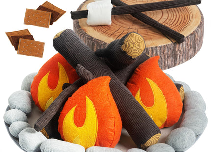 Pretend Campfire Set for Kids with S'Mores Kit & Wood Log Pillow