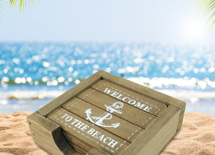 COTA Global Nautical Wooden Coaster and Holder Set - Rustic Square Coaster Set with Holder, Cute Beach Theme Drink Coasters Set for Spill and Scratch Free Tabletop - 6 Coasters and 1 Holder Set