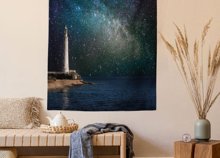 Lunarable Night Sky Tapestry Twin Size, Ocean Sea Scenery Lighthouse Romantic Nebula Cosmos Big Stars View Image, Wall Hanging Bedspread Bed Cover Wall Decor, Twin Size, White Blue