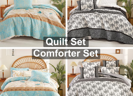 3 Pieces Coastal Quilt Sets King Size-Ocean Theme Coral Shell Starfish Conch Pattern Printed Quilt,Reversible Beach Bedding Set,Summer Soft Lightweight Nautical Bedspread Coverlet(King 106"x96")