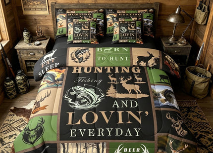 Feelyou Big Pike Fish 7 Pieces Bed in a Bag Set Deer 7 PCS Comforter Set with Sheets for Kids Boys Girls Fish and Hunt Comforter Set with Sheets Antlers Fish Fishing Rod Bed in a Bag