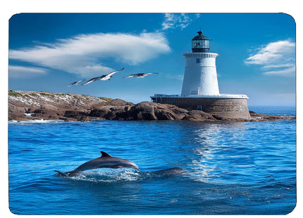 Dolphin Lighthouse Background Coastal Shoreline Waves Sandy Beach Kitchen Glass Cutting Board Ocean Decorative Gift (Dolphin Lighthouse)