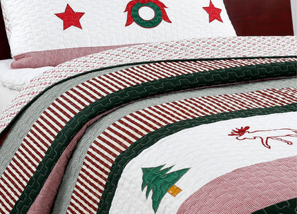 Cozy Line Home Fashions Rustic Christmas True Patchwork Trees Stars Moose Wreaths Reversible Quilt Bedding Set, Coverlet Bedspread (Rustic Christmas, King - 3 Piece)